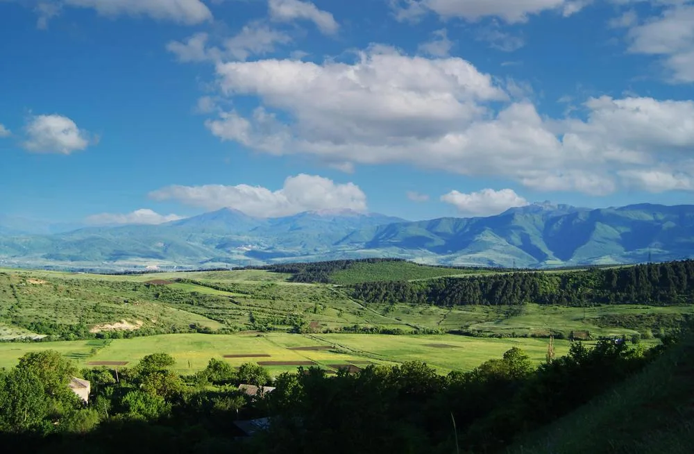 Green valleys and mountains of Samtskhe-Javakheti in Georgia, where BioGroup wild-harvests medicinal plants